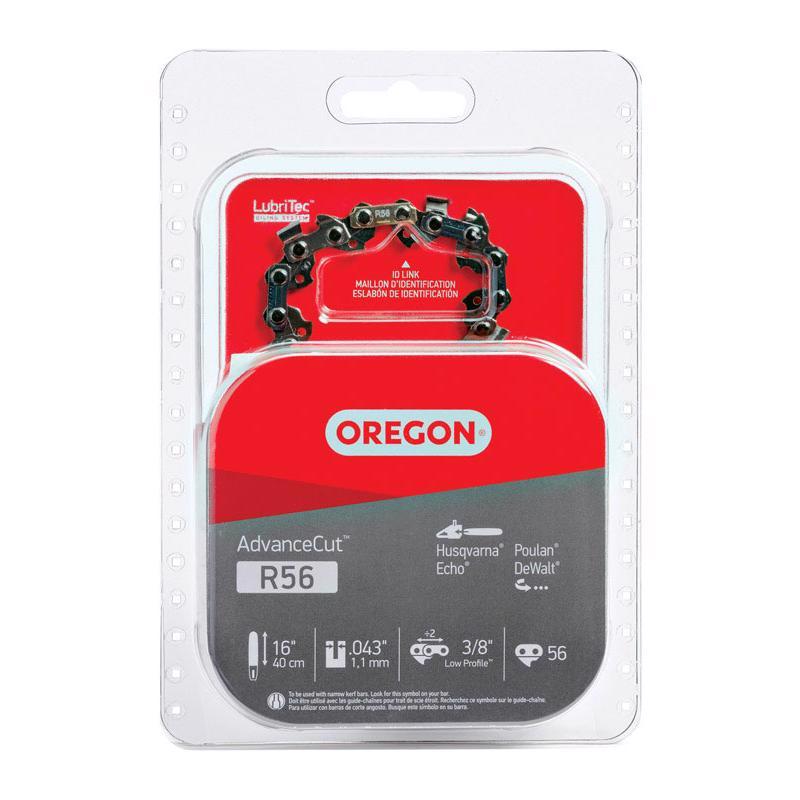 Emery Jensen 16-inch R56 saw chain for chainsaw, showcasing sharp cutting teeth and metal links on a chainsaw accessory.
