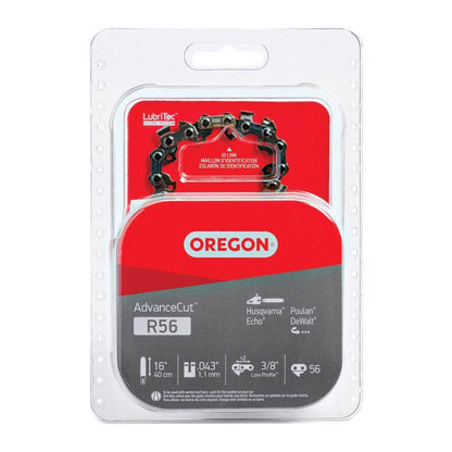 Emery Jensen 16-inch R56 saw chain for chainsaw, showcasing sharp cutting teeth and metal links on a chainsaw accessory.