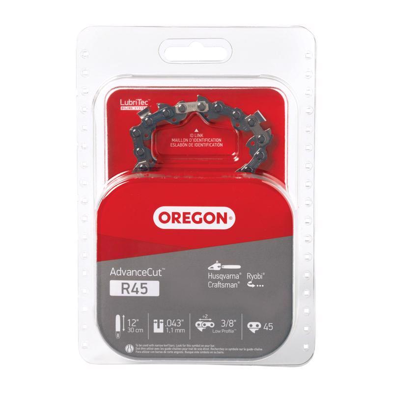 Emery Jensen R45 12-inch saw chain for chainsaw, showcasing sharp cutting teeth and durable metal construction.