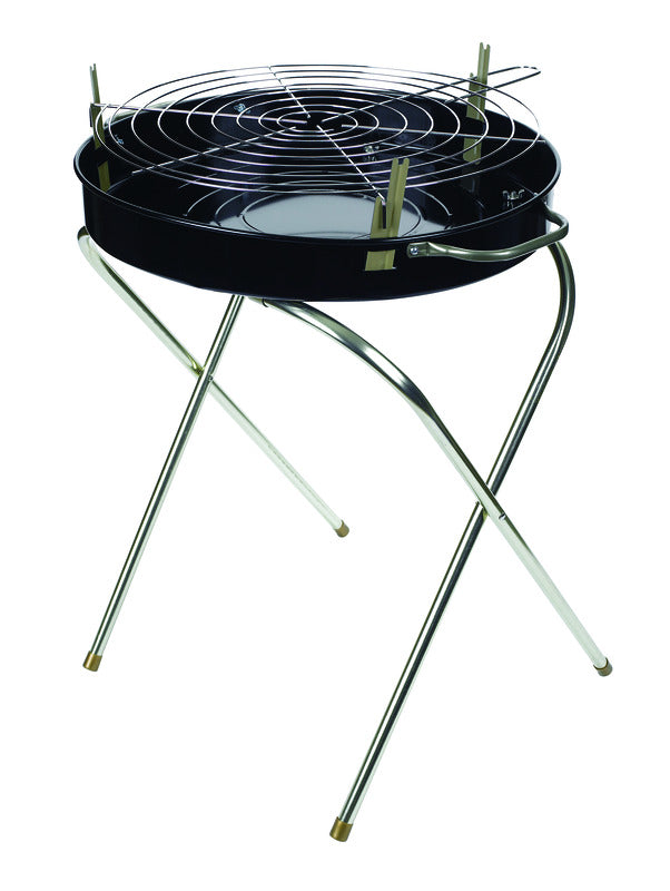 Emery Jensen Fold-a-matic 18-inch charcoal grill with foldable stand and grilling surface for outdoor barbecues and cooking.
