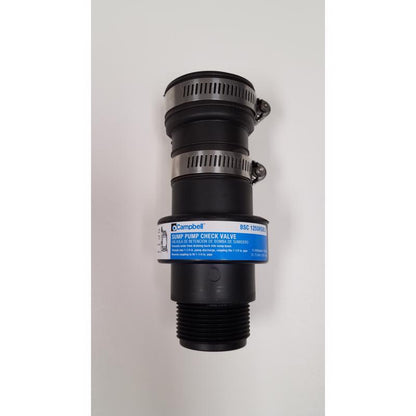 Emery Jensen check valve with one sleeve, used in plumbing systems, shown in a close-up image highlighting its metallic body.