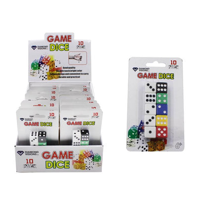 Assorted Emery Jensen 10-piece dice set for checkout toys and games, shown in a pack of 24 with colorful six-sided dice.