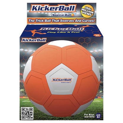 Orange soccer ball by Emery Jensen, perfect for outdoor play and sports activities, shown on a checkout toy display.