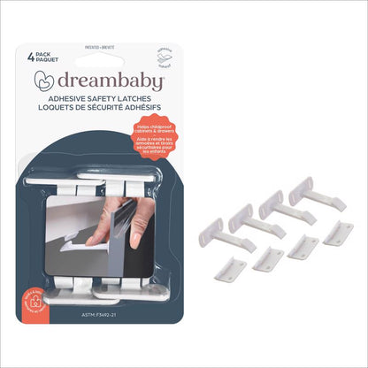 White adhesive safety latch pack by Emery Jensen for childproofing doors and cabinets in home safety applications.