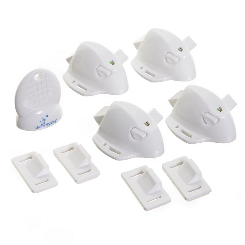 Emery Jensen adhesive magnetic child safety lock set, 4-pack, designed to secure cabinets and drawers safely.