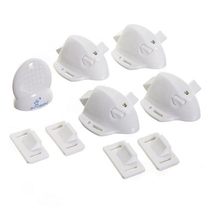 Emery Jensen adhesive magnetic child safety lock set, 4-pack, designed to secure cabinets and drawers safely.