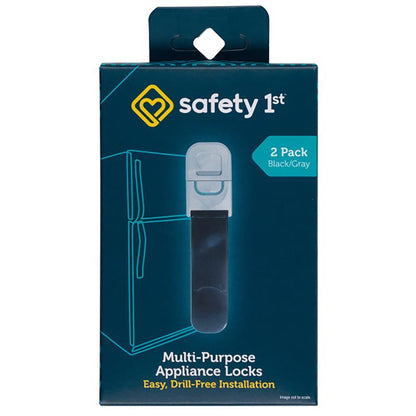 Black appliance safety latch set by Emery Jensen, two-pack, designed to secure appliances and prevent accidents.