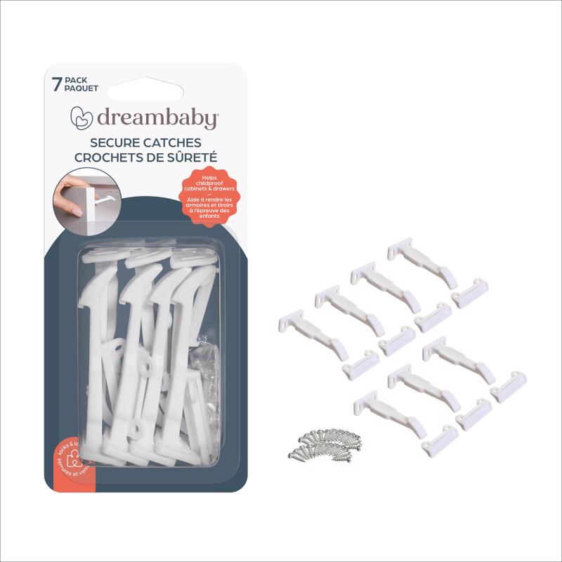 Emery Jensen white child safety cabinet catches, 7-pack, secure cabinet doors and prevent accidental openings.