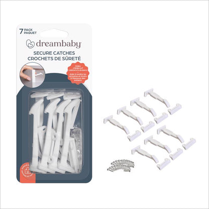 Emery Jensen white child safety cabinet catches, 7-pack, secure cabinet doors and prevent accidental openings.