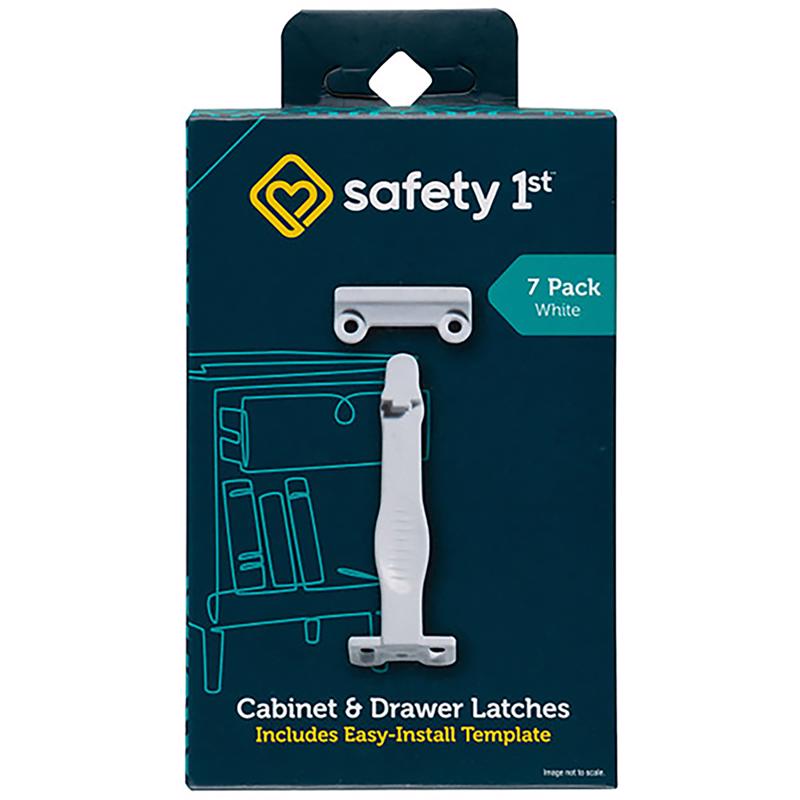 Emery Jensen child safety cabinet and drawer latches, 7-pack, secure latches for child-proofing kitchen and bathroom cabinets.