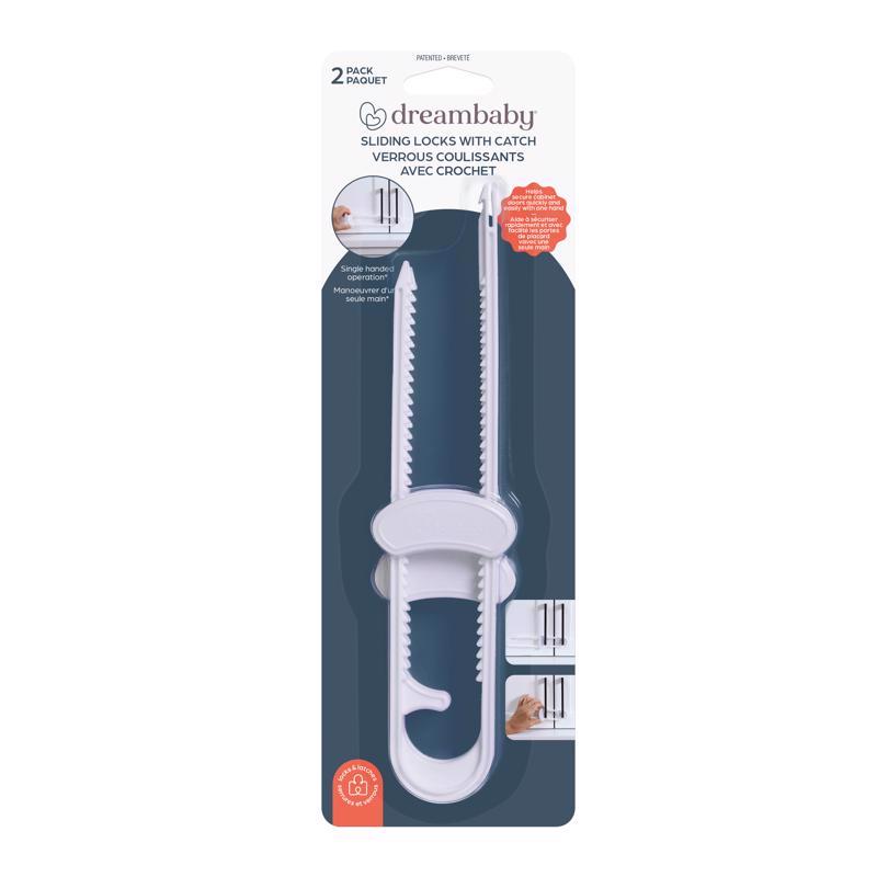 Emery Jensen child safety cabinet slide lock, white, designed to secure cabinets and prevent child access.