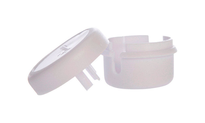 Pair of white Emery Jensen child safety cord wind-ups for securing cords and preventing hazards in homes.
