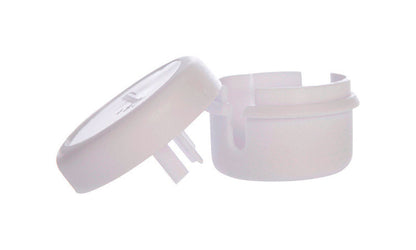 Pair of white Emery Jensen child safety cord wind-ups for securing cords and preventing hazards in homes.