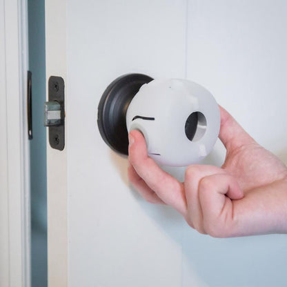 Emery Jensen clear child safety door knob covers, 3-pack, designed to prevent accidental opening and enhance home safety.