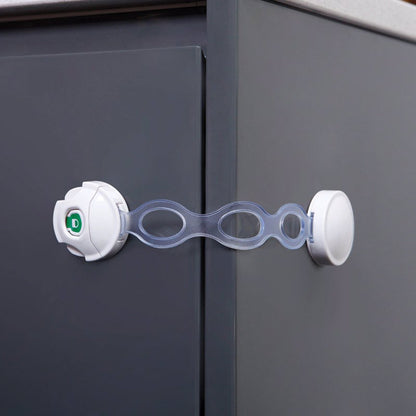 White Emery Jensen Ezy-Check safety latch for child safety, designed to secure cabinets and drawers effectively.