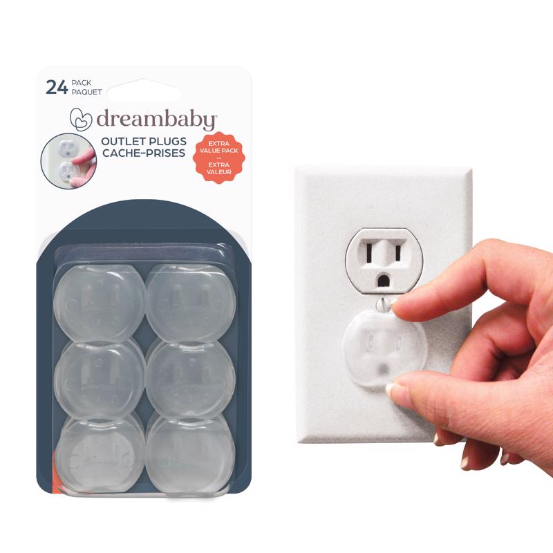 Emery Jensen child safety outlet plugs, translucent, 24-pack, designed to prevent electrical shock in home outlets.