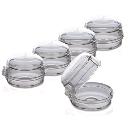 Set of five clear Emery Jensen stove knob covers for child safety, designed to prevent accidental knob operation.