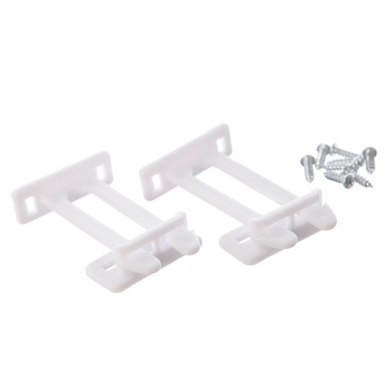 Pair of white Emery Jensen child safety twin pin latches for securing cabinets and drawers in a home.
