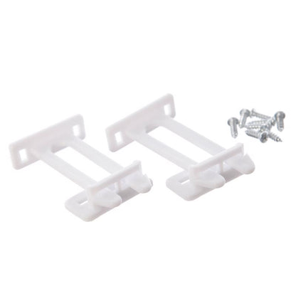 Pair of white Emery Jensen child safety twin pin latches for securing cabinets and drawers in a home.