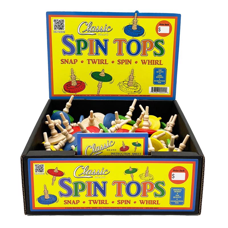 Set of 72 Emery Jensen Classic Spin Top Wood children's toys, colorful spinning tops for kids' play.