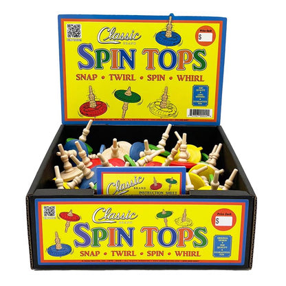 Set of 72 Emery Jensen Classic Spin Top Wood children's toys, colorful spinning tops for kids' play.