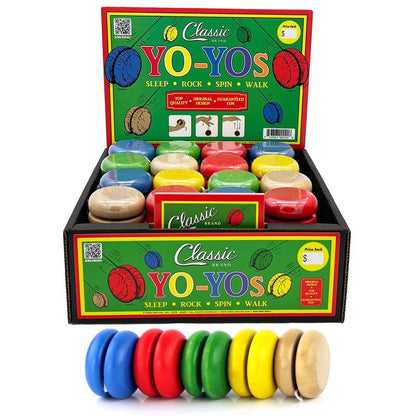 Pack of 48 Emery Jensen Classic Wooden Yo-Yos for children, colorful toy with traditional spinning design