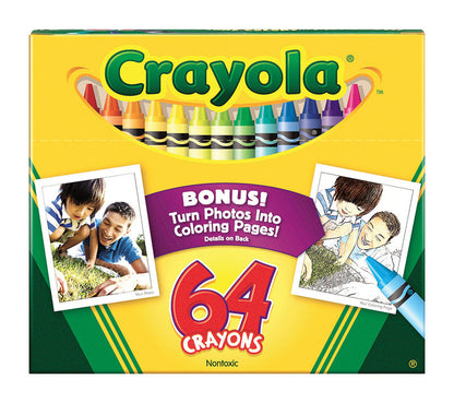 Emery Jensen children's toy box with 64 crayons in assorted colors, perfect for young artists and creative projects.