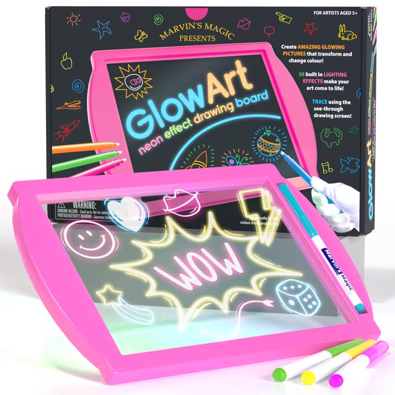 Emery Jensen Glow Art Draw Board for children, pink glow-in-the-dark drawing toy with colorful markers, suitable for kids' creative play.