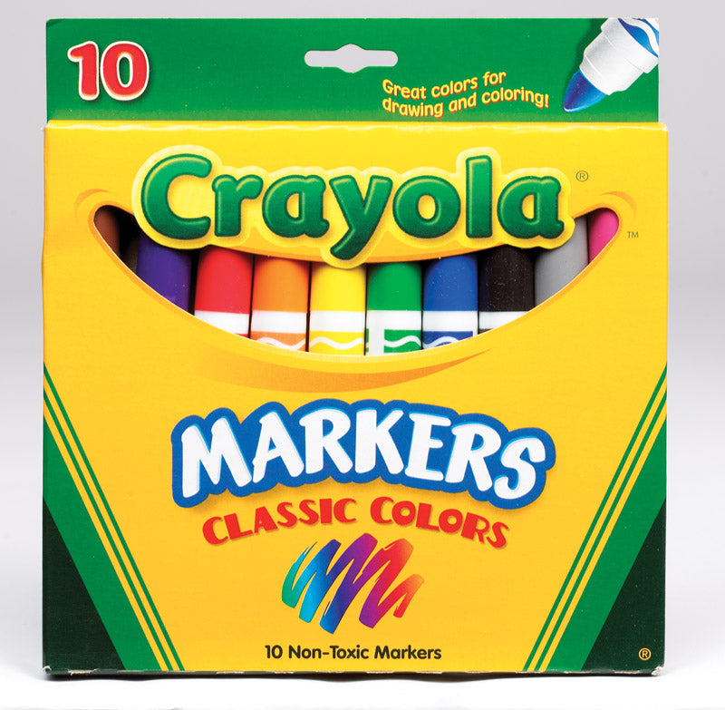 Set of 10 Emery Jensen broad tip markers for children’s toys, featuring colorful caps and sturdy design for young artists.