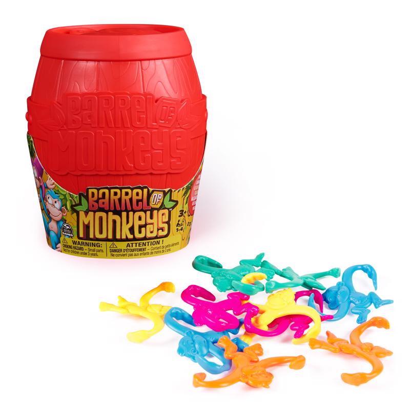 Emery Jensen MNKYS Game Barrel 16-piece children's toy set featuring colorful game pieces and storage barrel.