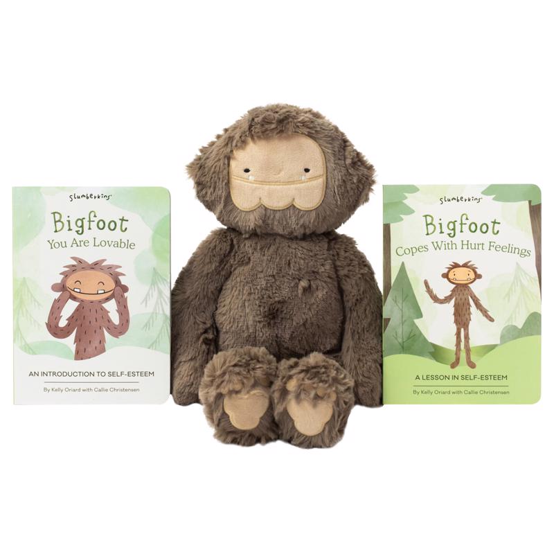 Emery Jensen Plush & Book BIGFOOT children's toy, soft plush Bigfoot figure with a book, ideal for kids' play and cuddling.
