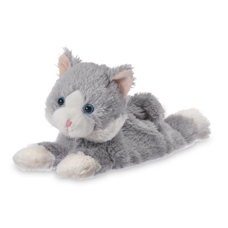 Gray plush laying cat toy from Emery Jensen, soft and cuddly children's toy featuring a realistic cat design.