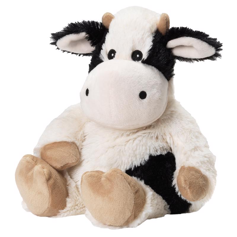 Emery Jensen plush warmer cow toy in black and white, soft and cuddly children's toy for comfort and play.