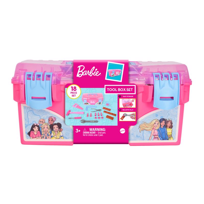 Pink Barbie-themed 13-inch children's toy tool box by Emery Jensen, featuring toy tools for kids.
