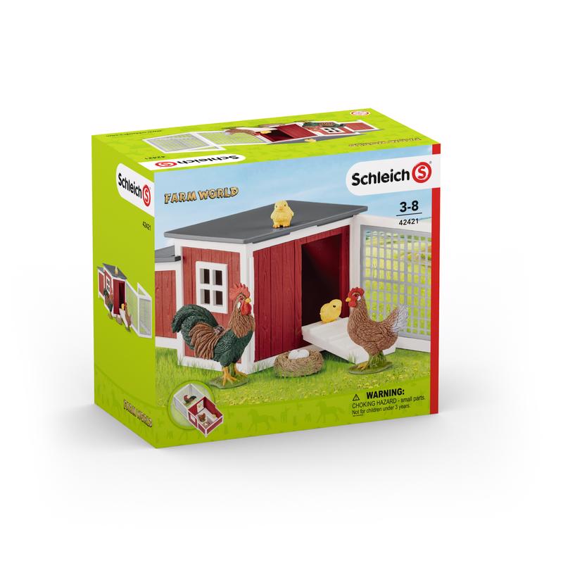 Emery Jensen children's toy chicken coop set featuring colorful plastic chickens and a small wooden coop for imaginative play.
