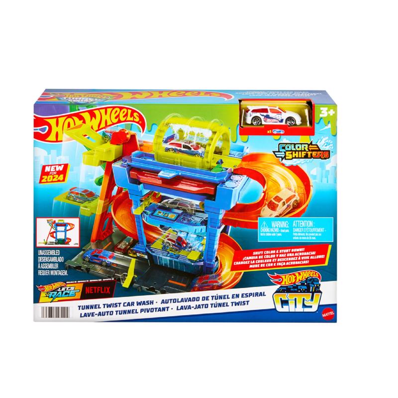 Emery Jensen TUNL Twist Car Wash children's toys set with 18 colorful toy cars and accessories for kids' play.