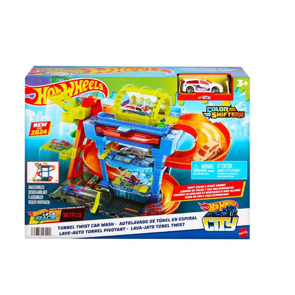 Emery Jensen TUNL Twist Car Wash children's toys set with 18 colorful toy cars and accessories for kids' play.