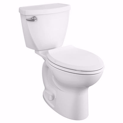 Emery Jensen complete white china toilet with a modern design, shown from the side in this product image.