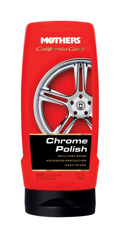 Emery Jensen CA Gold Chrome Polish and Cleaner in a 12oz bottle, designed for shiny chrome surfaces and detailed cleaning.