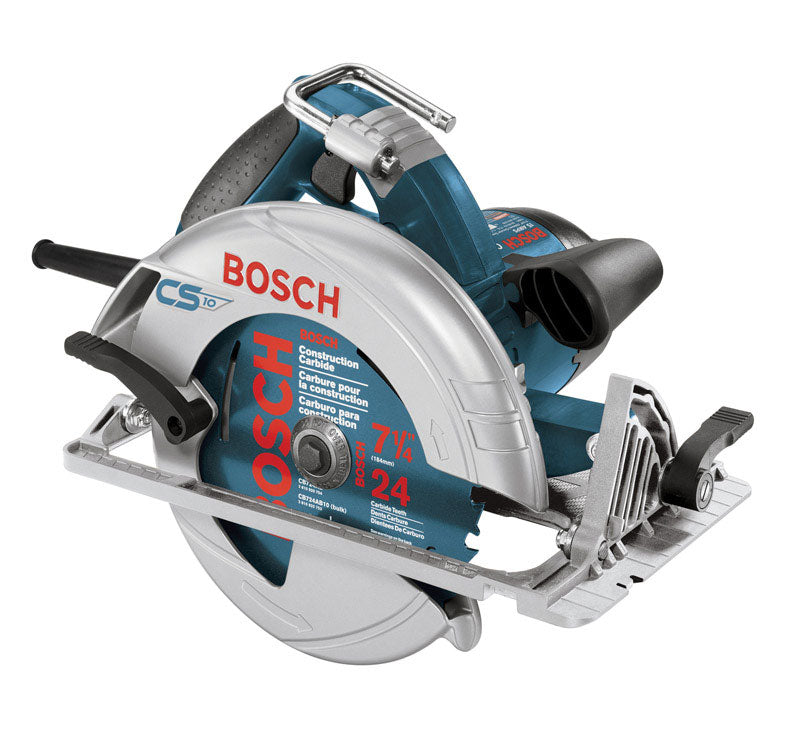 Emery Jensen 7-1/4 inch circular saw with 15-amp motor, showing the power cord and blade guard in a workshop setting.