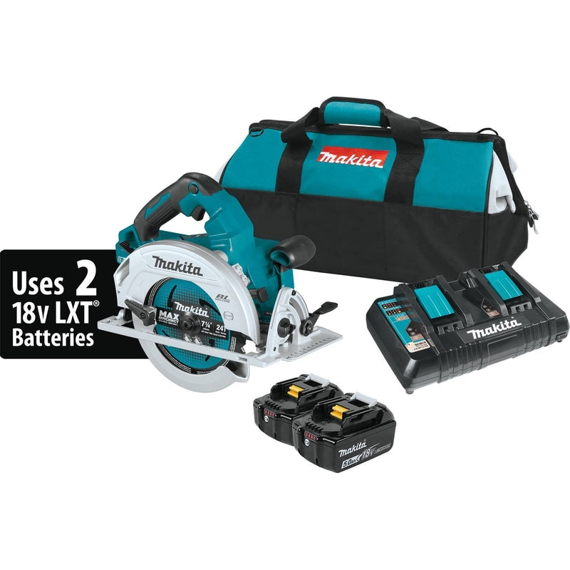 Emery Jensen 36V CRCLR SW LXT 7-1/4-inch circular saw with blade and handle visible, designed for precise cutting tasks.