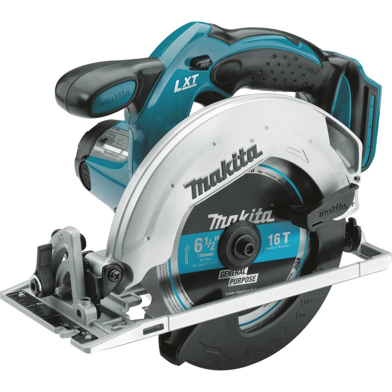 Emery Jensen LXT circular saw with 6-1/2-inch blade and 18V battery, showing the tool's blade and handle for cutting tasks.
