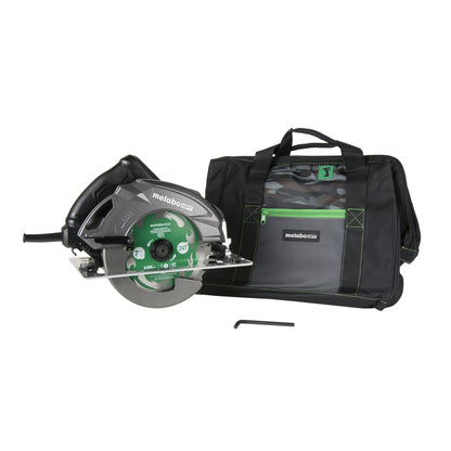 Emery Jensen Metabo circular saw with 7.25-inch blade and 15-amp motor, showing the saw blade and handle in use.