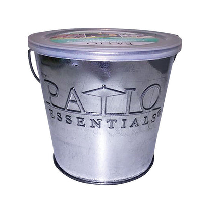 Six Emery Jensen citronella torches in galvanized metal buckets, 17oz size, suitable for outdoor bug repellent and ambiance.