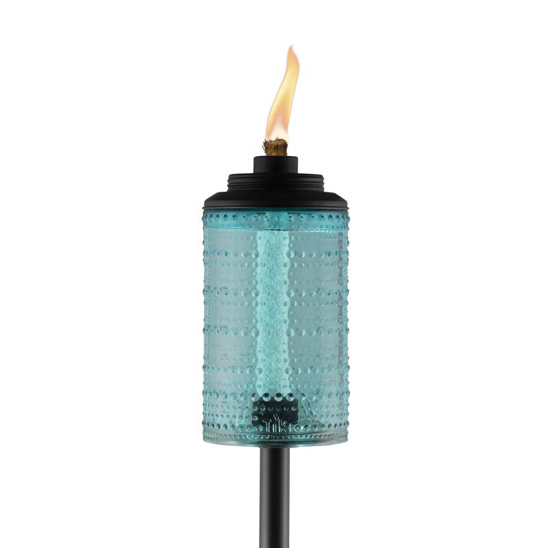 Blue 68-inch garden citronella torch by Emery Jensen with metal stand and wick for outdoor lighting and pest control.