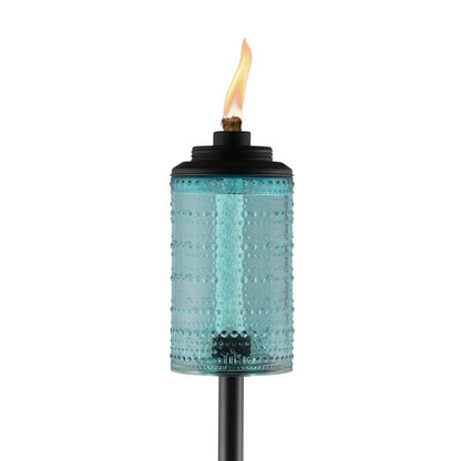 Blue 68-inch garden citronella torch by Emery Jensen with metal stand and wick for outdoor lighting and pest control.