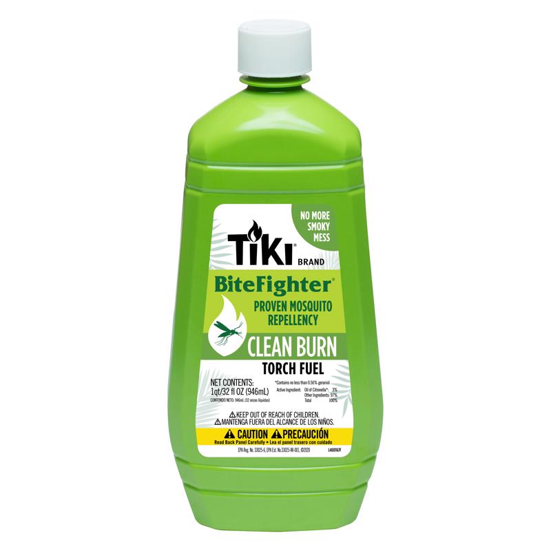 Emery Jensen TIKI CLEANBURN Fuel 32oz container for citronella torches and outdoor lighting, shown in the product image.
