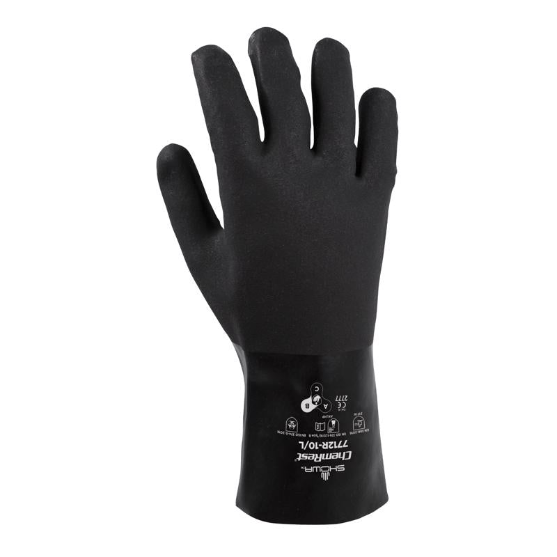 Black PVC cleaning gloves by Emery Jensen, large size, durable and flexible for household or industrial cleaning tasks.