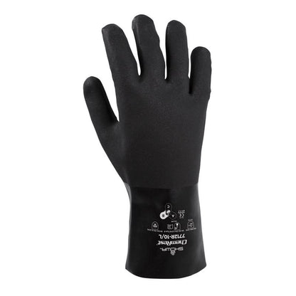 Black PVC cleaning gloves by Emery Jensen, large size, durable and flexible for household or industrial cleaning tasks.