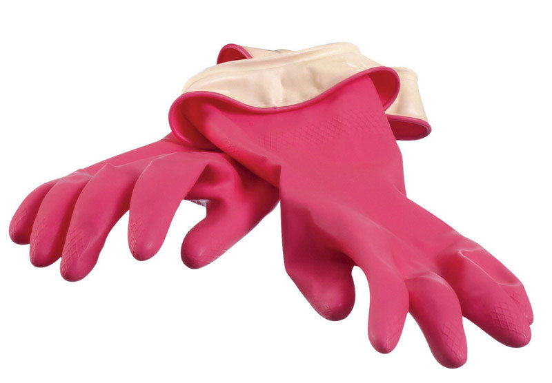 Pink Emery Jensen CLN GLOVE LTX M cleaning gloves showing textured latex surface and cuff design.